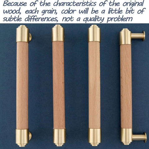 Modern Mid Century Brass And Wood Cabinet Pulls 3 Inch Center to Center Four Pack T Bar Design on blue surface
