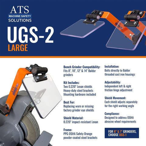 Heavy Duty Bench Grinder Eye Shield Kit Pair Fits 8 To 14 Inch Baldor Grinders showing Lexan shields with orange brackets.
