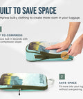 Hands compressing a Slick Ultra Lightweight Compression Packing Cubes 7 Piece Set For Travel Luggage Organizers Expandable Bags