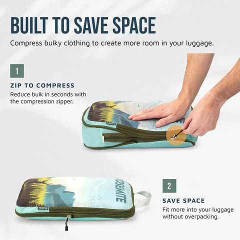 Hands compressing a Slick Ultra Lightweight Compression Packing Cubes 7 Piece Set For Travel Luggage Organizers Expandable Bags