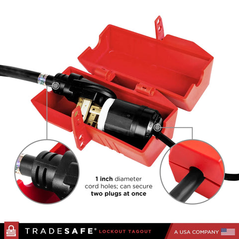 Heavy Duty 220 Volt Cord Lockout For Two Plugs Large Electrical Plug Lockout Device Industrial Grade Non Conductive Polypropylene OSHA Compliant Red Lockout Tool For Energy Isolation, with a view of two secured plugs in red unit, showing cord holes.