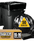 95 To 100 Gallon Heavy Duty Trash Bags Mega Value 50 Bags With Ties Black Extra Large Garbage Bags For Giant Rollaway Cans And Heavy Outdoor Cleanup with box and bin