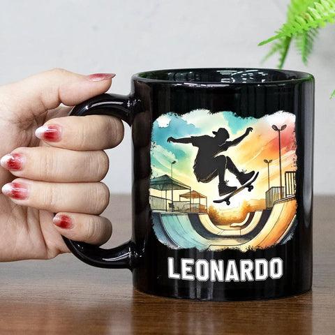 Custom Skateboarding Travel Mug Personalized Gift For Skateboard Lovers Black 11 Oz Dope Coffee Cup