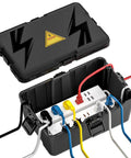 Heavy Duty Outdoor Electrical Junction Box With IP54 Waterproof Shield And Bully Tight Cord Locks For Reliable Extension Cover, showing inside with multiple cords.