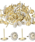 Fifty Pack Vintage Flower Head Upholstery Tacks Iron Metal Furniture Repair Nails decorative craft supplies in gold and white finish.