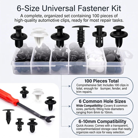 Universal Bumper Retainer Clip Kit 100Pcs Auto Push Pin Rivets And Fastener Remover Tool Durable Nylon Pro Grade Car Trim Fasteners For Cars SUVs Trucks Fender Bumper Clips Set For Easy Install, 6-size kit