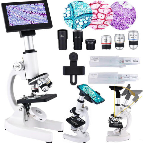 Kids Microscope With 40X To 2500X Magnification, HD 4 Inch Display, LED Fill Light, eyepieces, objectives, slides, and samples.