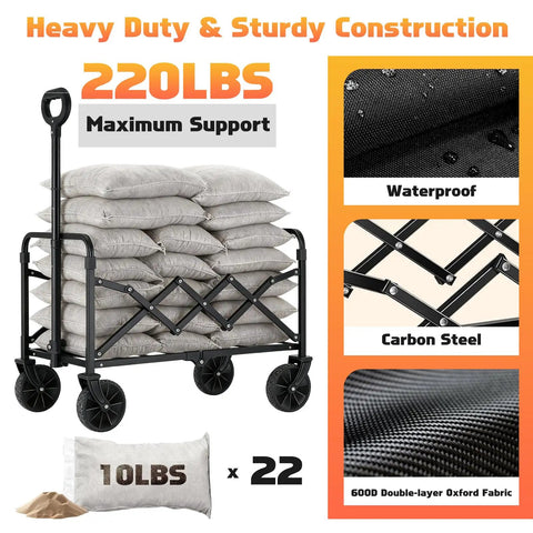 Heavy Duty Workhorse Foldable Wagon Cart With All Terrain Wheels 220 Lb Capacity Portable Lightweight Utility Cart with bags