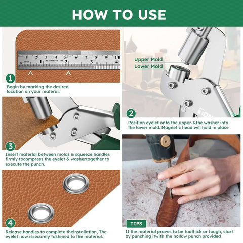 Step-by-step guide for using Beast Mode Grommet Tool Kit With 3/8 Inch Eyelets on fabric, showing tools and fabric placement.