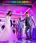 Couple dancing under 50Ft Bluetooth RGB LED Strip Lights For Bedroom With App Control And Remote Music Sync Dimmable Color Changing LED Tape For Room Kitchen Party Dope Vibe Home Decor Power Adapter Included.