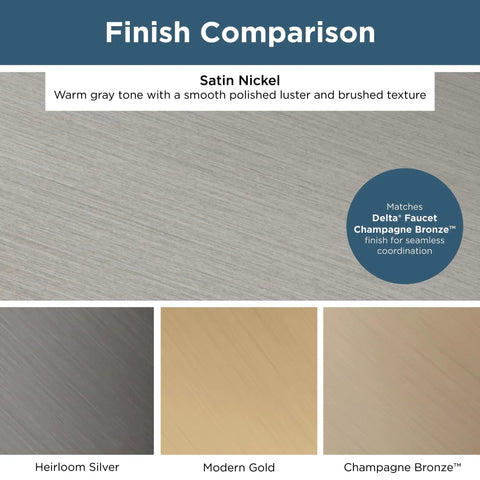 Satin Nickel finish comparison showcasing warm gray tone and brushed texture alongside Heirloom Silver and Modern Gold.