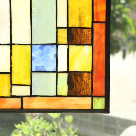 Close-up of Mission Style Stained Glass Window Panel with Hanging Chain Tiffany Design 18 by 25 Inch showing vibrant colors.
