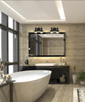 Modern bathroom with Industrial Farmhouse 4 Light Bathroom Vanity Fixture in Brushed Gold above mirror
