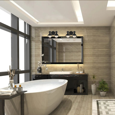 Modern bathroom with Industrial Farmhouse 4 Light Bathroom Vanity Fixture in Brushed Gold above mirror