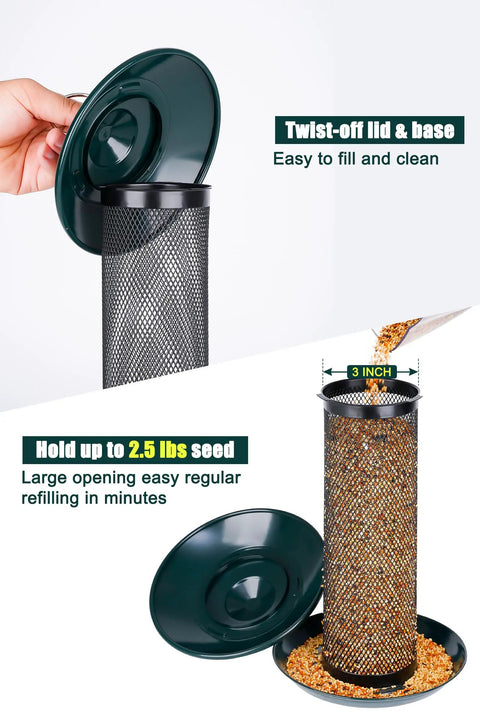 Outdoor Finch Bird Feeder With 2.5 Pound Capacity Squirrel Proof Metal Mesh Tube Hanging Feeder showing open lid and seed filling