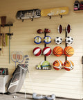 Wall Mounted Basketball Rack And Football Holder For Garage Sidekick, Adjustable Diy Soccer Stand With Basket, Hella Durable Black Metal Game Ball Organizer Flipping Tight Clutter Into Smooth Storage Flow mounted on a garage wall.