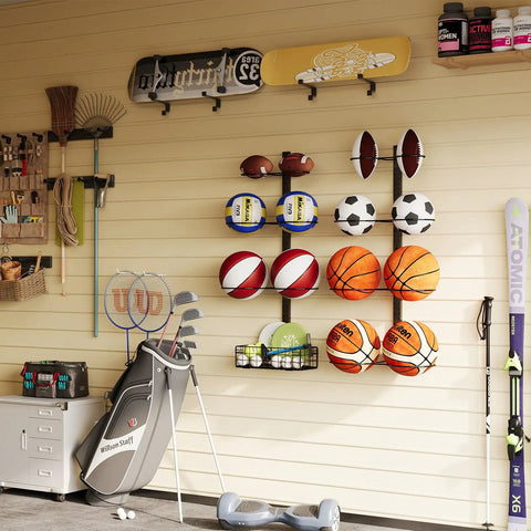 Wall Mounted Basketball Rack And Football Holder For Garage Sidekick, Adjustable Diy Soccer Stand With Basket, Hella Durable Black Metal Game Ball Organizer Flipping Tight Clutter Into Smooth Storage Flow mounted on a garage wall.
