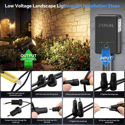 Installation steps for All In One Low Voltage LED Landscape Lighting Kit With 12 Warm White 3000K Spotlights, 60W Transformer, 100Ft Wire.