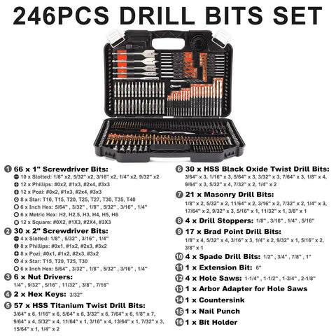 All In One 246 Piece Drill Bit And Screwdriver Bits Set For Wood Metal Masonry And Cement With Durable Orange Case