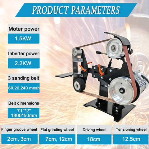 Solid Premium Heavy Duty 71 X 2 Inch Belt Sander And Disc Grinder With Variable Speed for knife making, showing product parameters.