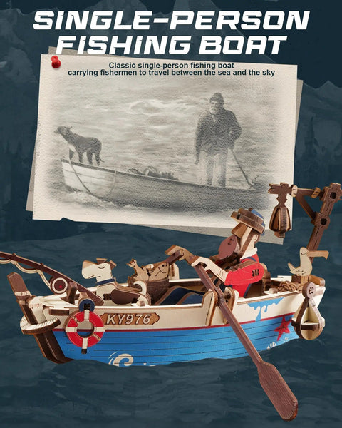 3D Wooden Puzzle For Adults Gravity Swing Ocean Fisher Model Kit With 161 Pieces No Fuss Setup Maritime Boat Craft showing single-person fishing boat