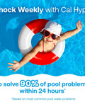 Child in red and white flotation ring enjoying pool water with text promoting Fast Dissolving Four In One Pool Shock Treatment.