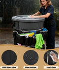 Upgraded Large Trash Can Caddy Bag With Multi Pocket Organizer For 32 To 55 Gallon Bins Turns Your Garbage Bin Into A Mobile Cleaning Station Ideal For House Cleaners And Janitorial Duties Gray Edge