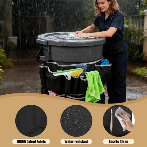 Upgraded Large Trash Can Caddy Bag With Multi Pocket Organizer For 32 To 55 Gallon Bins Turns Your Garbage Bin Into A Mobile Cleaning Station Ideal For House Cleaners And Janitorial Duties Gray Edge