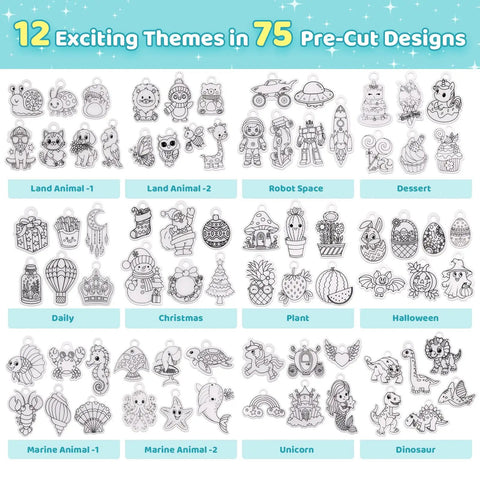 Shrink Art Sheets Kit For Kids With 75 Pre Cut Designs For Instant Fun Easy Coloring And Keychain Making Craft Set No Cutting Needed Diy Craft Project For Boys And Girls Creative Gift Idea, 12 themes