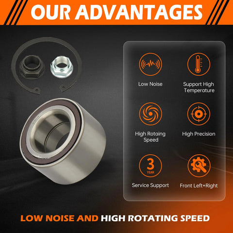 Front Wheel Bearing Kit 510089 For Honda Civic 2006 To 2020 And Acura ILX 2013 To 2014 Two Pack Front Left Or Right Bearing Replacement Heavy Duty Durable And Easy Install shown with advantages graphics