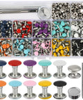 Colorful Leather Rivets Kit 380 Sets 8mm And 8x10mm 8x7mm Silver Double Cap Rivets With Tool in clear box