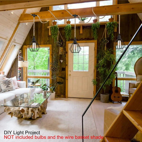Three Pendant Lights Kit With Plug In Hemp Rope Cord And Switch 22 Feet Long Easy Plug And Play Installation DIY Farmhouse Style Hanging Lighting Fixture for Living Room