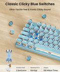 Top Shelf Retro Typewriter Mechanical Keyboard With Hella Crisp Blue Switches And Long Lasting Rechargeable Battery For Slick Triple Mode Gaming Setup Compatible On Windows Mac Pc Devices showing classic blue switches and keycaps.