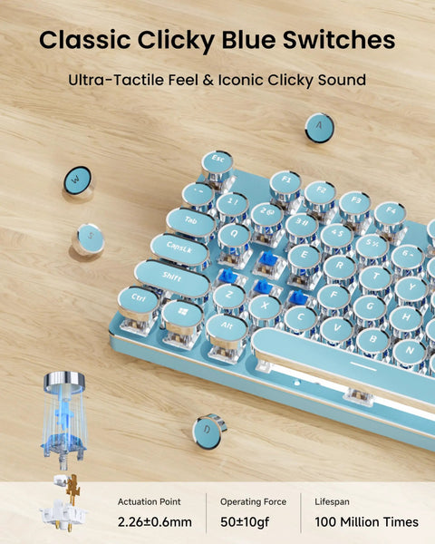 Top Shelf Retro Typewriter Mechanical Keyboard With Hella Crisp Blue Switches And Long Lasting Rechargeable Battery For Slick Triple Mode Gaming Setup Compatible On Windows Mac Pc Devices showing classic blue switches and keycaps.