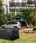 Dual Zone Portable Fridge And Freezer With Heavy Duty Wheels, 42Quart Electric Cooler in camping scene next to a vehicle.