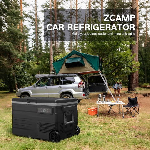 Dual Zone Portable Fridge And Freezer With Heavy Duty Wheels, 42Quart Electric Cooler in camping scene next to a vehicle.
