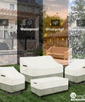 Outdoor Swivel Lounge Chair Cover 2 Pack Weatherproof Heavy Duty Fits 33W By 35D By 38 And A Half Inches High White And Grayish Green All Weather Patio Furniture Cover Protects Your Swivel Chairs From Rain Sun And Dirt No Fuss Setup shown protecting patio furniture in various weather conditions
