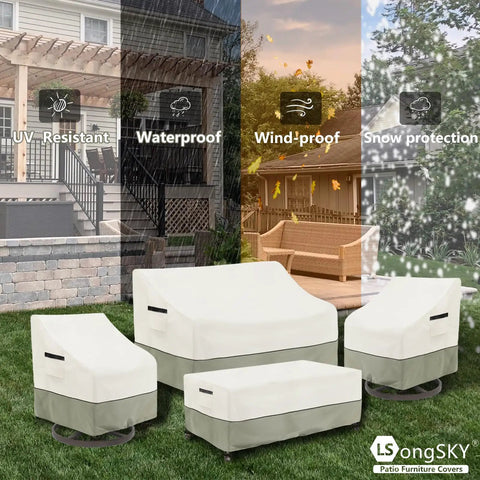 Outdoor Swivel Lounge Chair Cover 2 Pack Weatherproof Heavy Duty Fits 33W By 35D By 38 And A Half Inches High White And Grayish Green All Weather Patio Furniture Cover Protects Your Swivel Chairs From Rain Sun And Dirt No Fuss Setup shown protecting patio furniture in various weather conditions