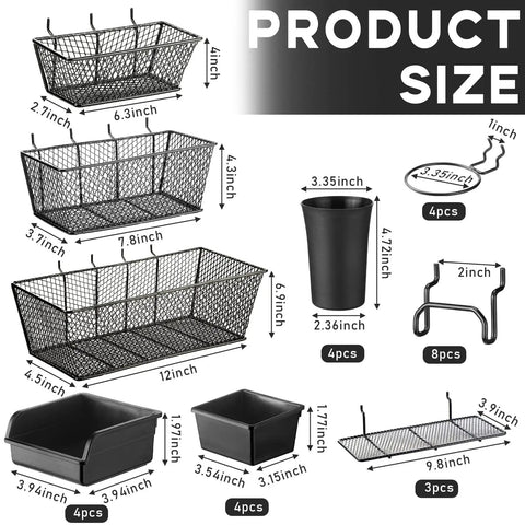 All In One Pegboard Organizer Kit With 3 Racks 3 Baskets 8 Bins 4 Cups 8 Hooks 4 Loops And Cup Holder, product size chart.