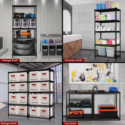 Beefy Heavy Duty Metal 5 Tier Storage Shelves With Adjustable Heights 1650Lb Capacity in garage and domestic settings.