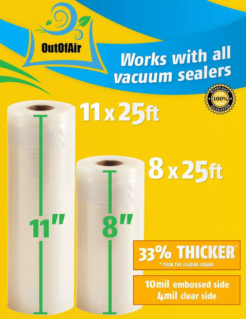 Inside Ready Eight And Eleven Inch Heavy Duty Vacuum Sealer Rolls, 33% Thicker, BPA Free, works with all vacuum sealers, sizes 8x25ft, 11x25ft, two rolls each