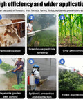 Collage of six images showing agricultural uses of Portable 15L Thermal Fogging Machine With Pulse Jet Power for pest control.