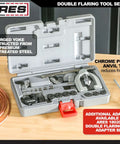 Heavy Duty Double Flaring Tool Set With Extra Adapters For Copper Aluminum Soft Steel Brake Lines And Brass Tubing Comes With Mini Tubing Cutter And Case Quarter Inch Five Sixteenths Inch Half Inch Three Sixteenths Inch And Three Eighths Inch Adapters in open case on table