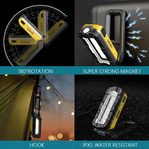 Rechargeable Magnetic Work Light 1200 Lumens With COB LED, seven modes with magnetic base, hanging hook, and IPX5 water resistance