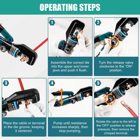 Step-by-step guide to using 6 Ton Hydraulic Crimping Tool With 9 Die Pairs For 12 AWG To Two Zero Battery Cable Lugs And Wire Rope Crimper