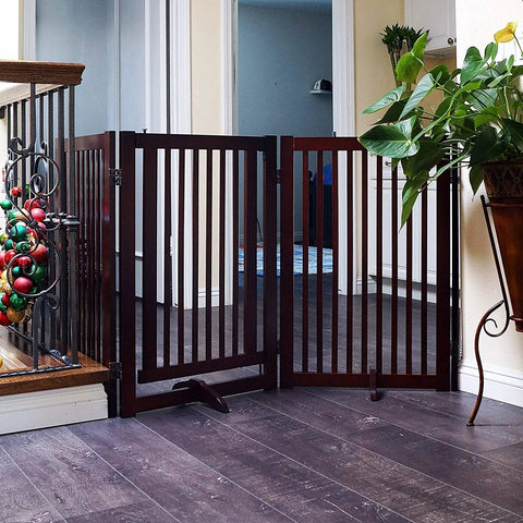 Espresso Wood Gate Support Feet For 0.75 Inch Thick Gates, 360 Degree Configurable Gate System, Satin Finish, Living Room Setup
