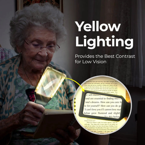 Senior using 3X Large Lighted Magnifying Glass With Anti Glare Lens And Stepless Dimmable LEDs for reading in yellow lighting mode