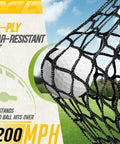 Close-up of a golf ball caught in a 5-ply tear-resistant net used in Heavy Duty Golf Practice Net 10x7ft With Noise Reducing Silk Target