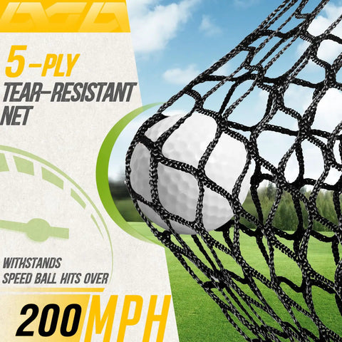 Close-up of a golf ball caught in a 5-ply tear-resistant net used in Heavy Duty Golf Practice Net 10x7ft With Noise Reducing Silk Target