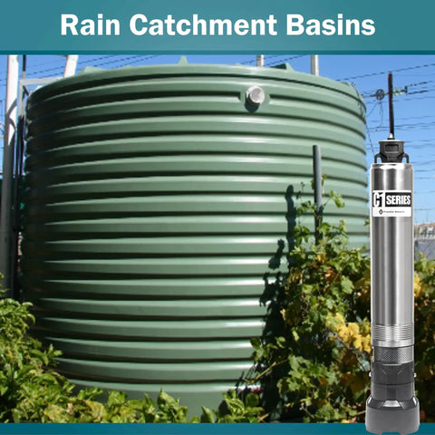 Heavy Duty Workhorse One Half Horsepower 115 Volt Submersible Cistern Effluent Pump beside a rain catchment basin.